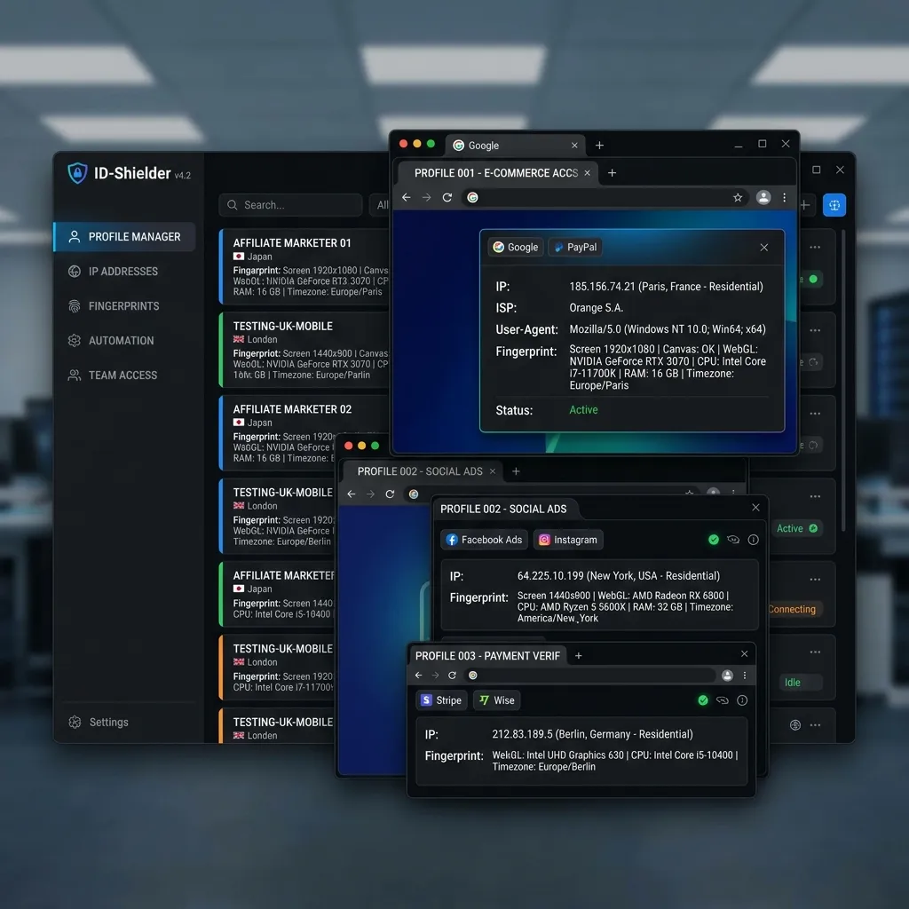Interface of an anti-detect browser showing multiple spoofed profiles.
