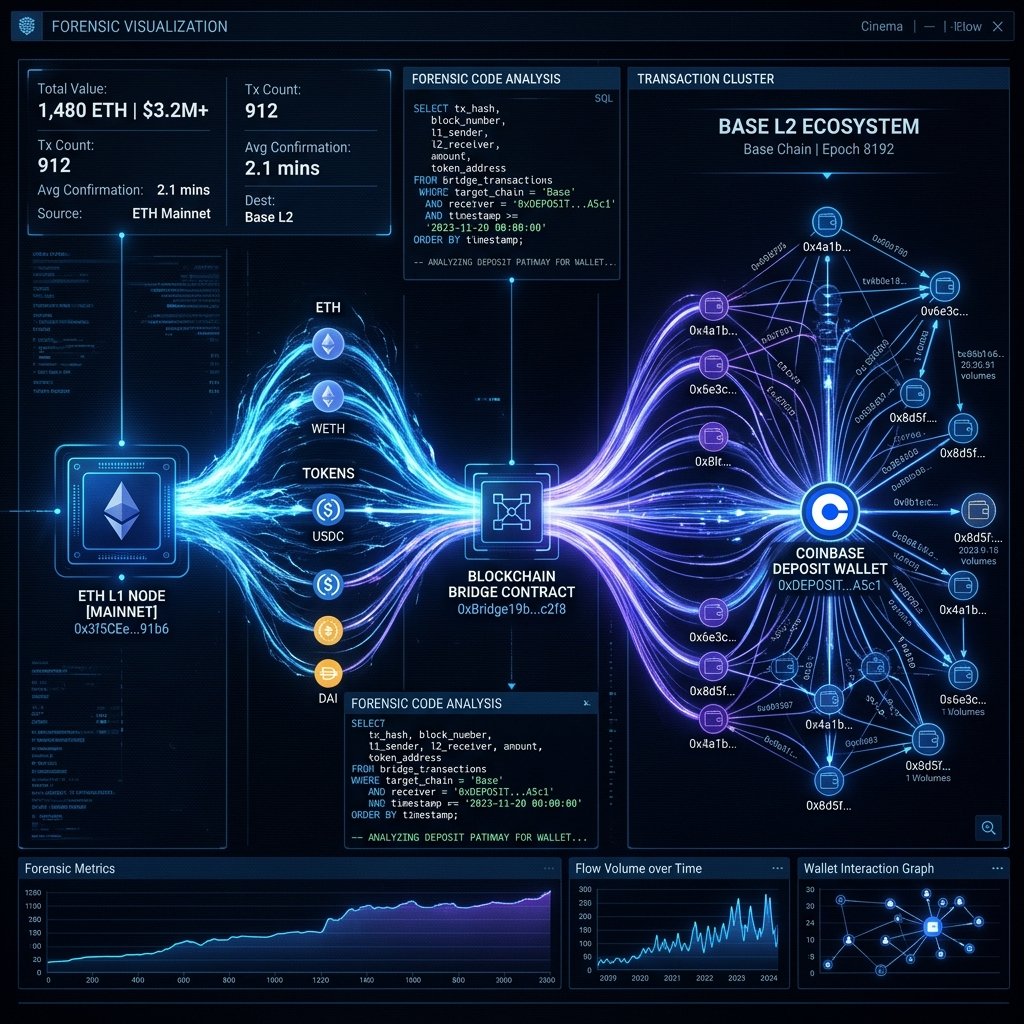 how to trace stolen funds bridged to base network sent to coinbase illustrated by a bridge forensic visualization.