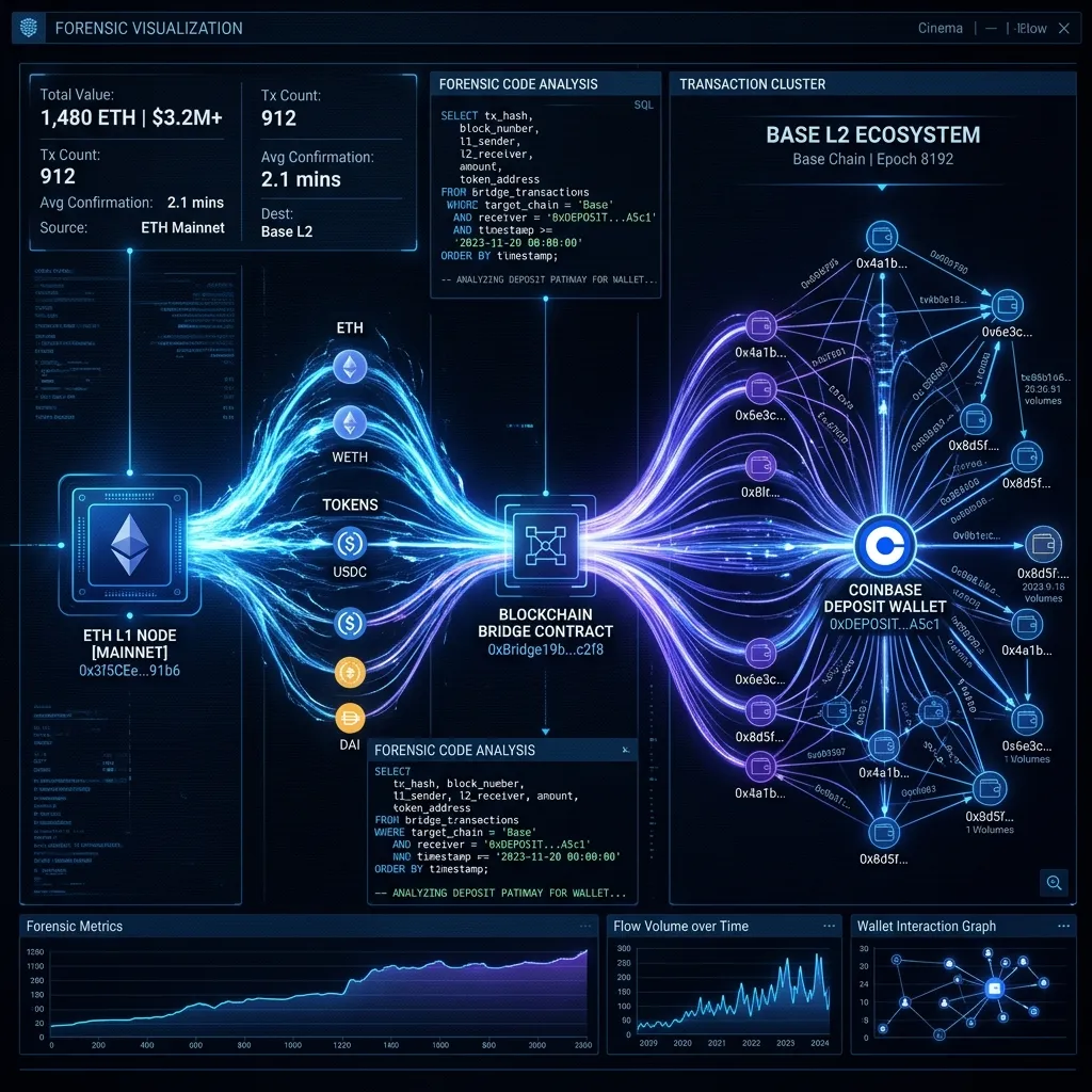 how to trace stolen funds bridged to base network sent to coinbase illustrated by a bridge forensic visualization.