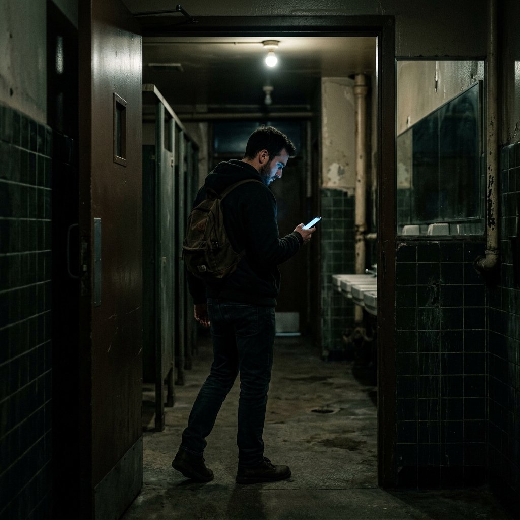 A husband takes his phone to the bathroom suddenly, showing suspicious digital guardianship.