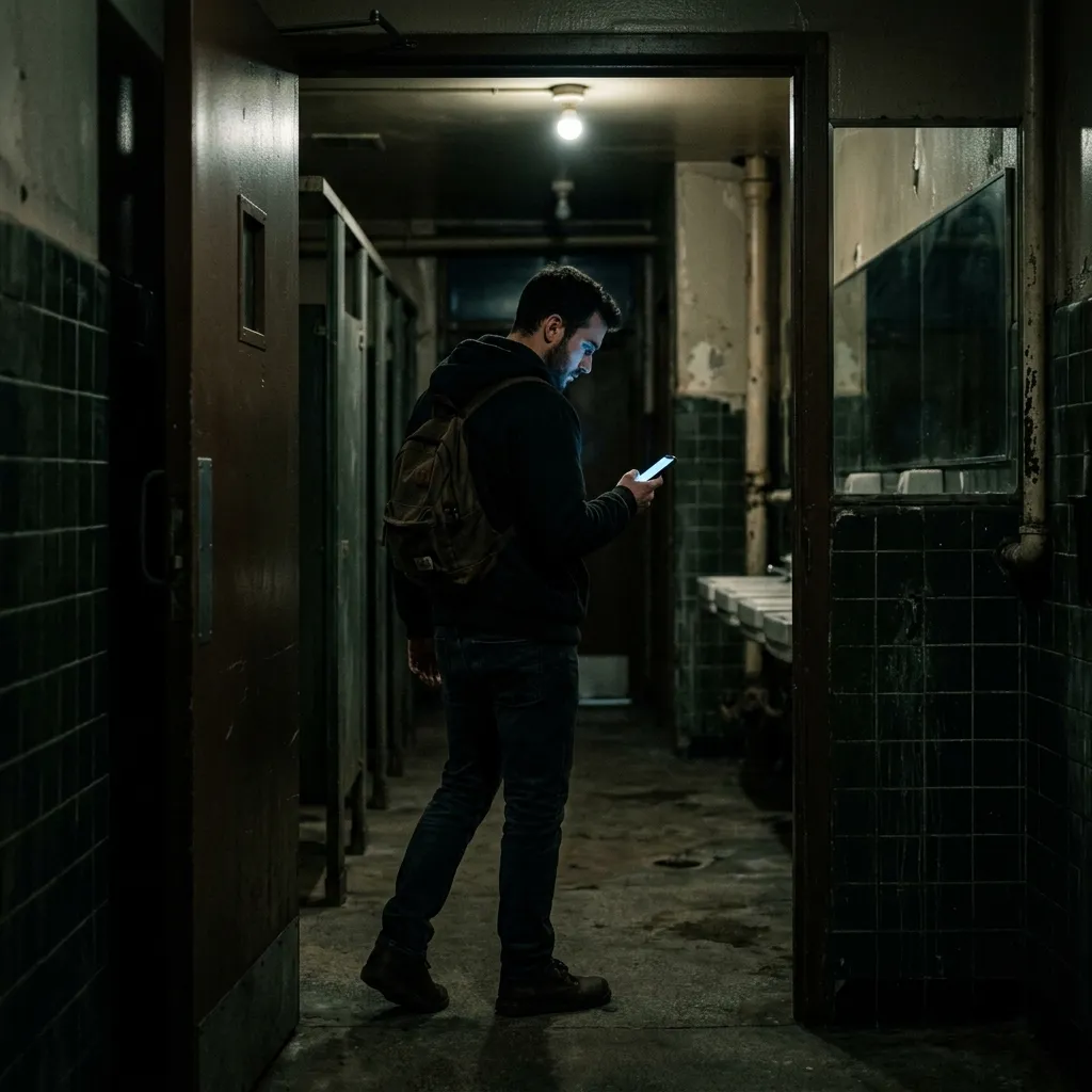 spouse takes phone to bathroom to use whatsapp illustrated by a person hiding behind a closed door with a glowing phone.