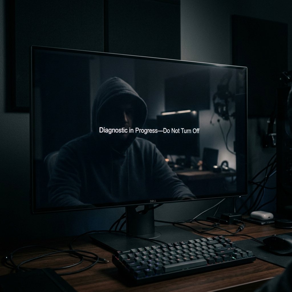 A black monitor screen with a loading spinner reflecting a hacker's silhouette.