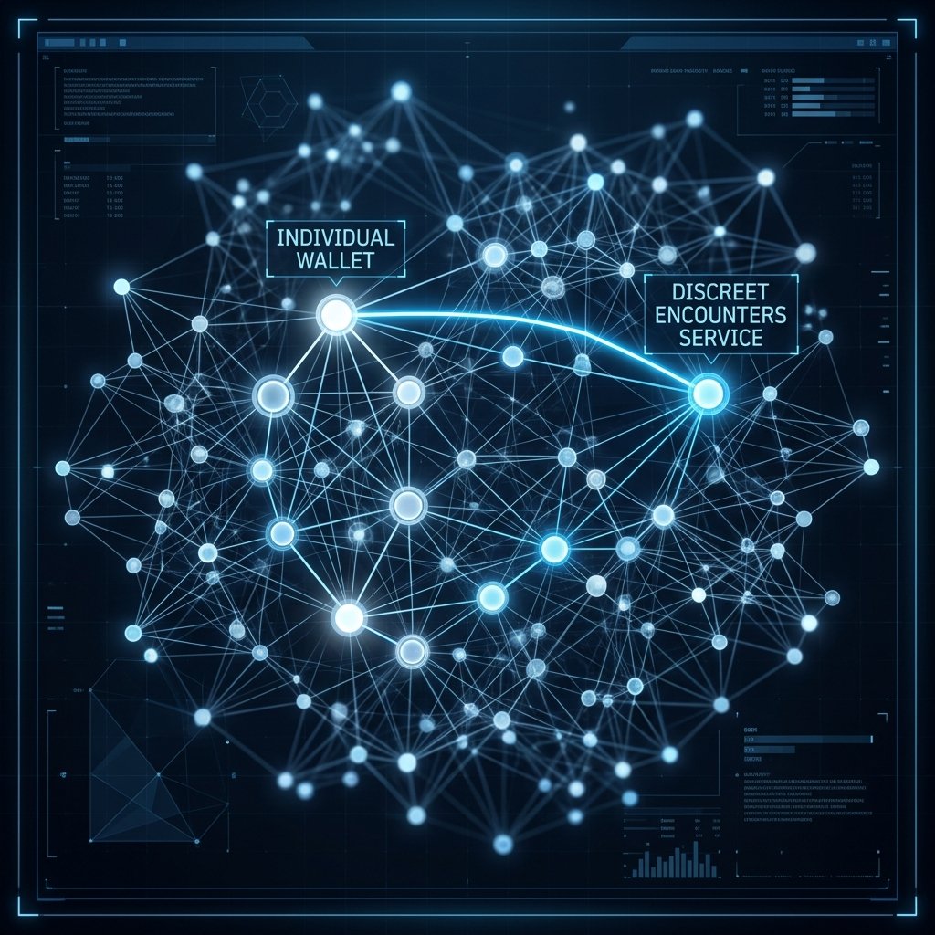 A forensic visualization tracing a crypto wallet to a discreet encounters service.