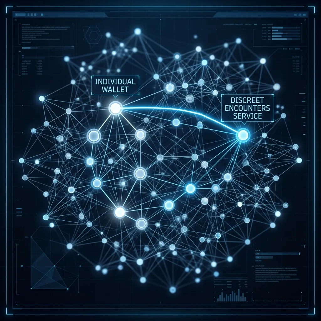 A forensic visualization tracing a crypto wallet to a discreet encounters service.