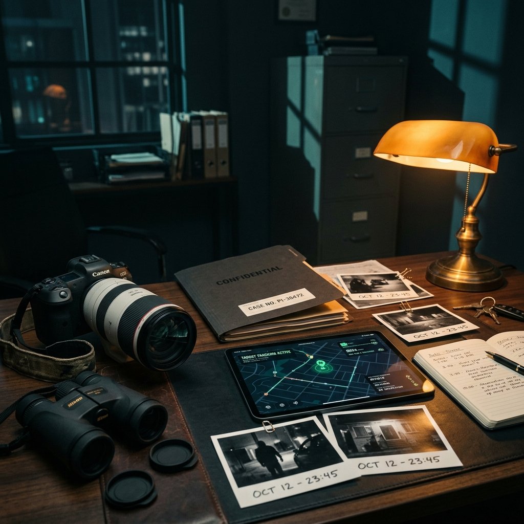 Professional cheating investigation desk showing surveillance equipment, case files, and evidence documentation used by licensed private investigators