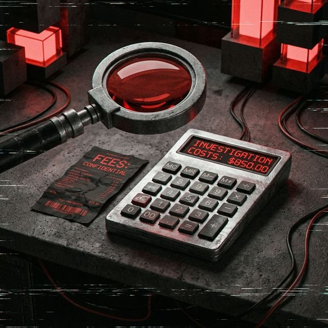 Private Investigator equipment including camera, notepad, and calculator on a dark desk