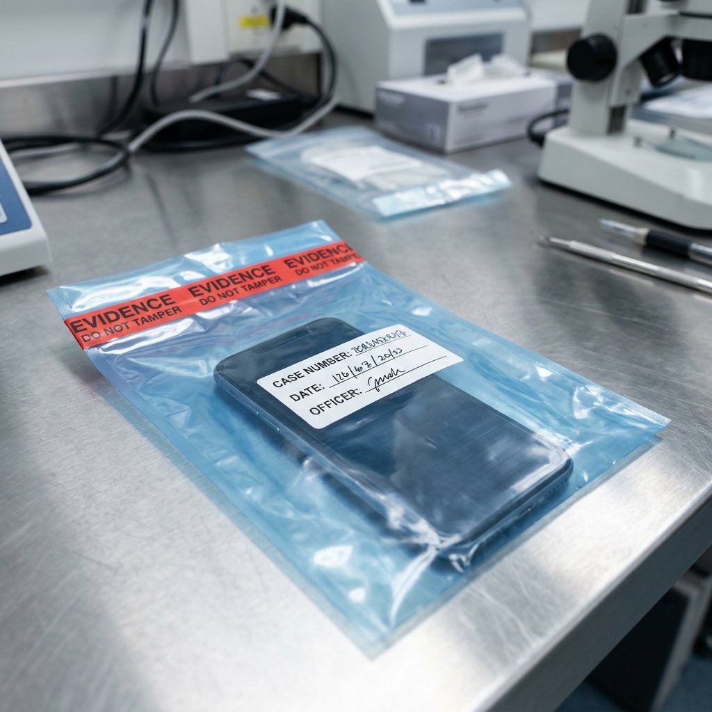 A smartphone sealed in a forensic evidence bag with a chain of custody label.