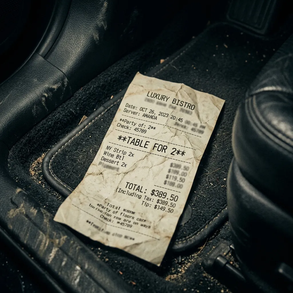 husband staying late at work suddenly receipt for two people found in a car