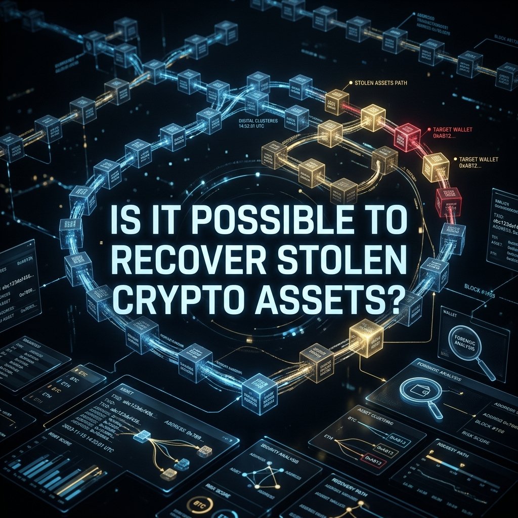 Forensic visualization of cryptocurrency recovery and blockchain analysis.