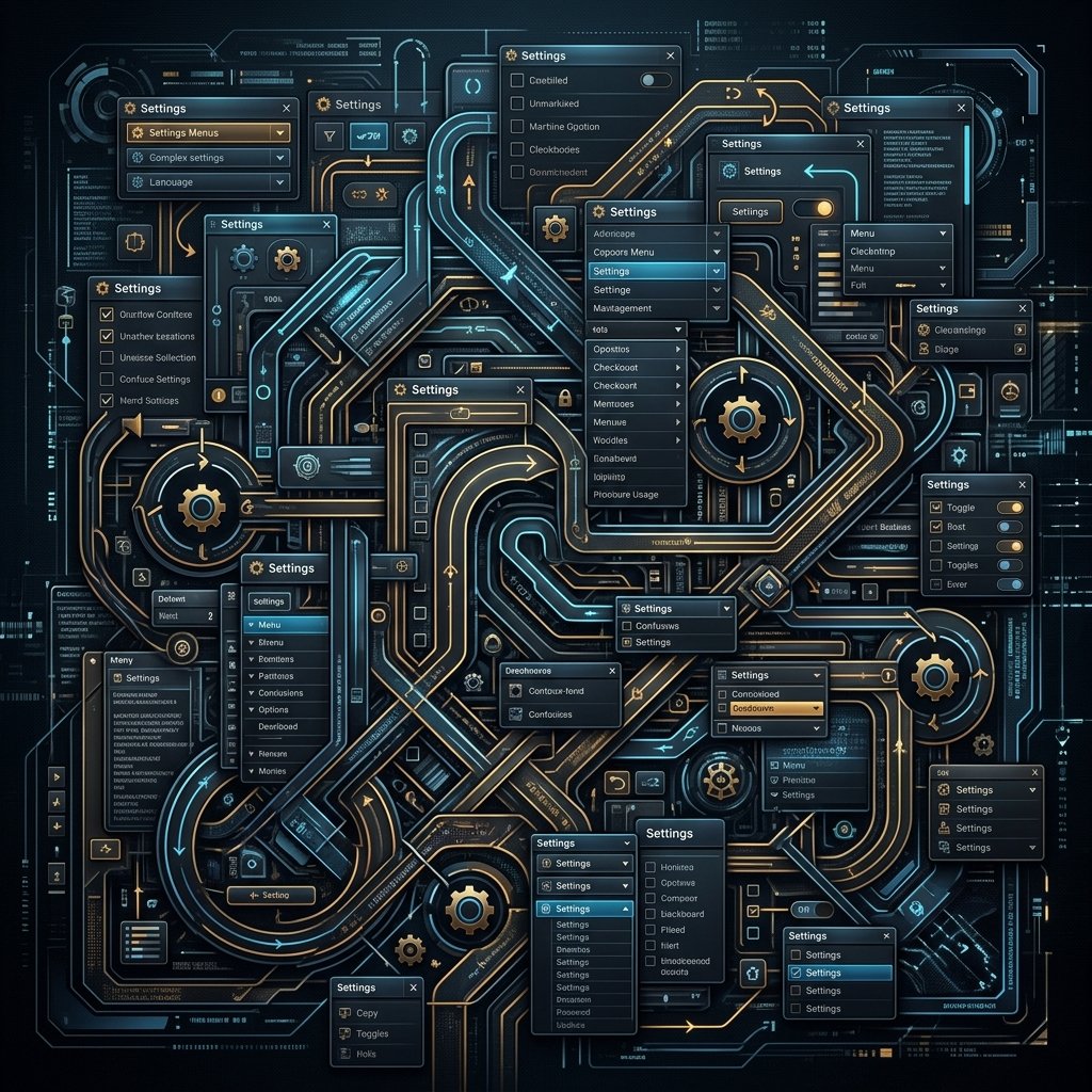 A complex labyrinthine UI menu representing Meta's opt-out dark pattern.