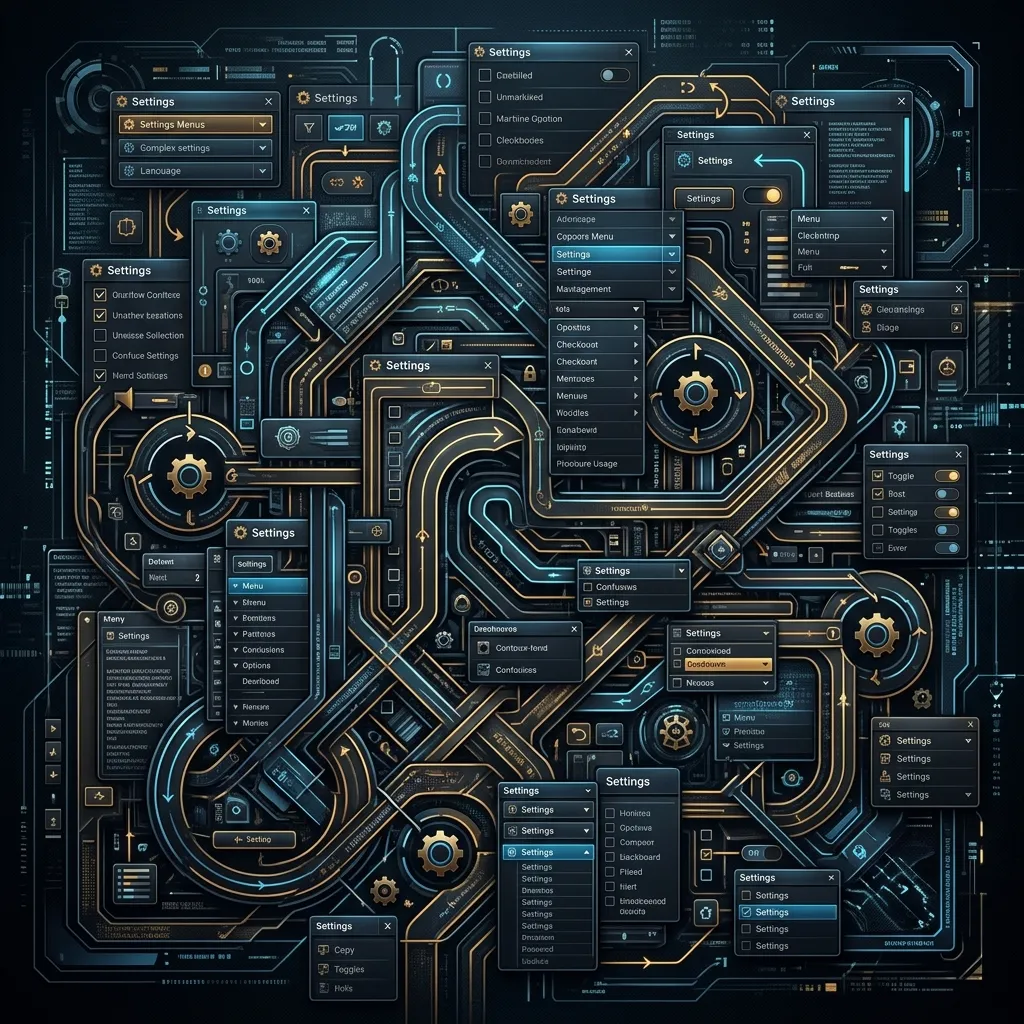 A complex labyrinthine UI menu representing Meta's opt-out dark pattern.