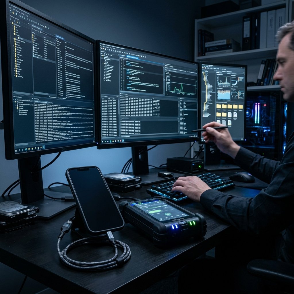 A professional forensic workstation extracting data from a smartphone.