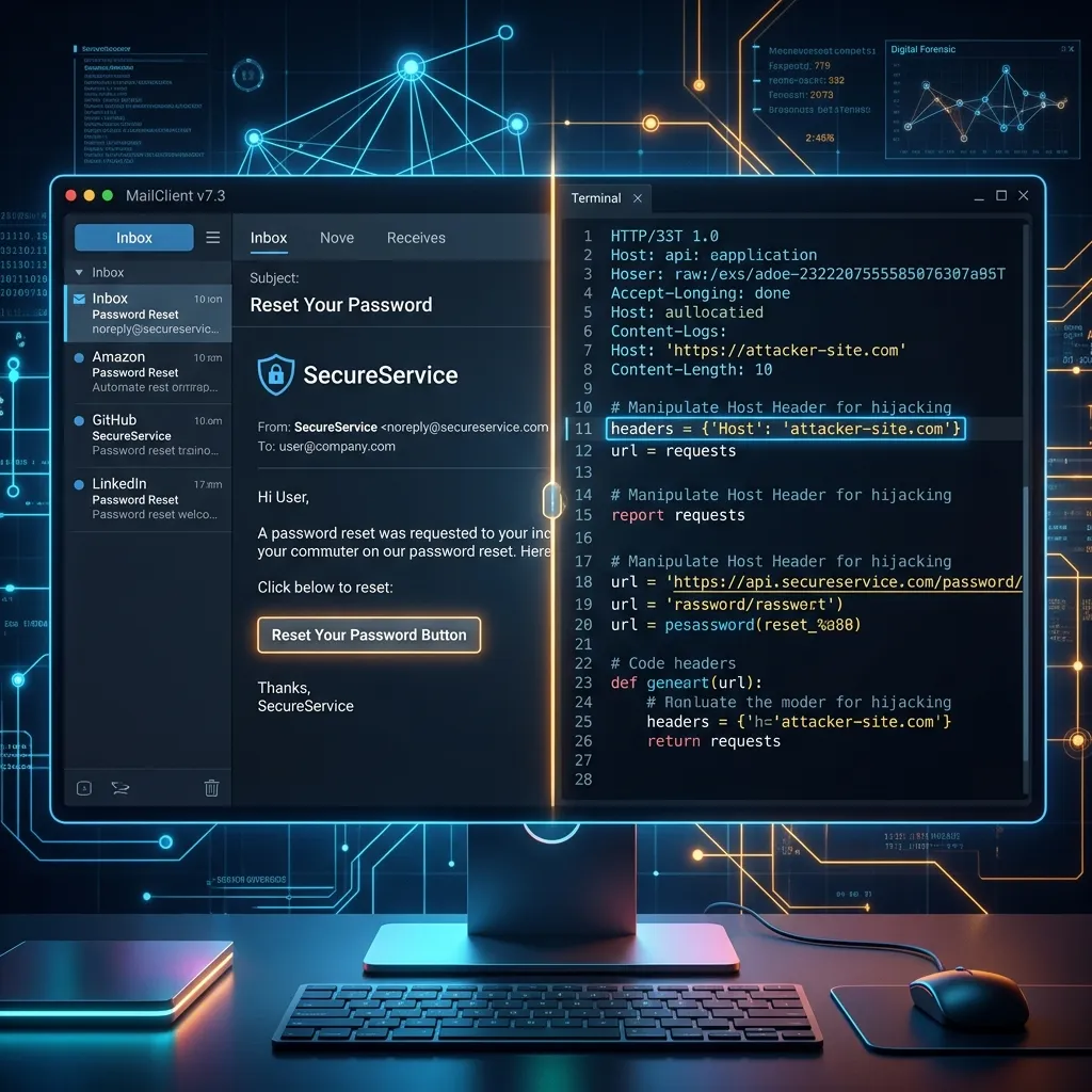 A split-screen visualization of a password reset email and malicious server-side code exploiting a host header vulnerability.