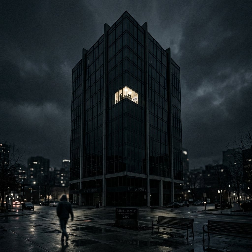 husband staying late at work suddenly in a solitary illuminated office window