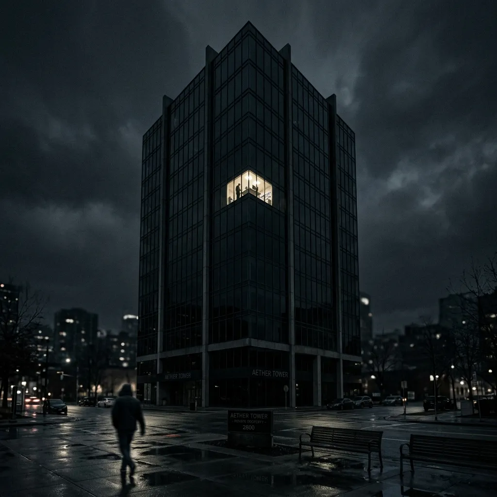 husband staying late at work suddenly in a solitary illuminated office window