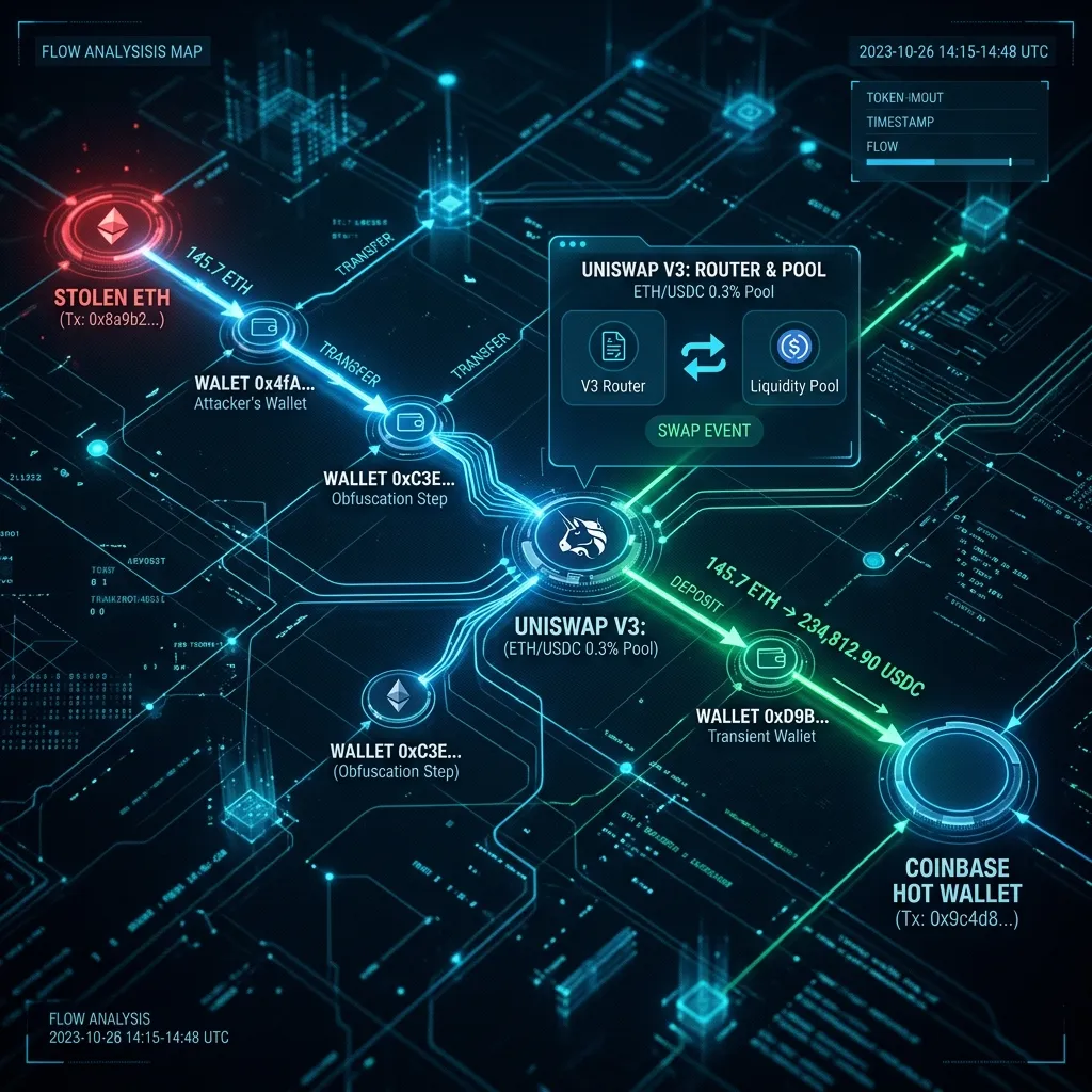 how to track stolen eth swapped to usdc deposited to coinbase illustrated by a digital swap forensic map.