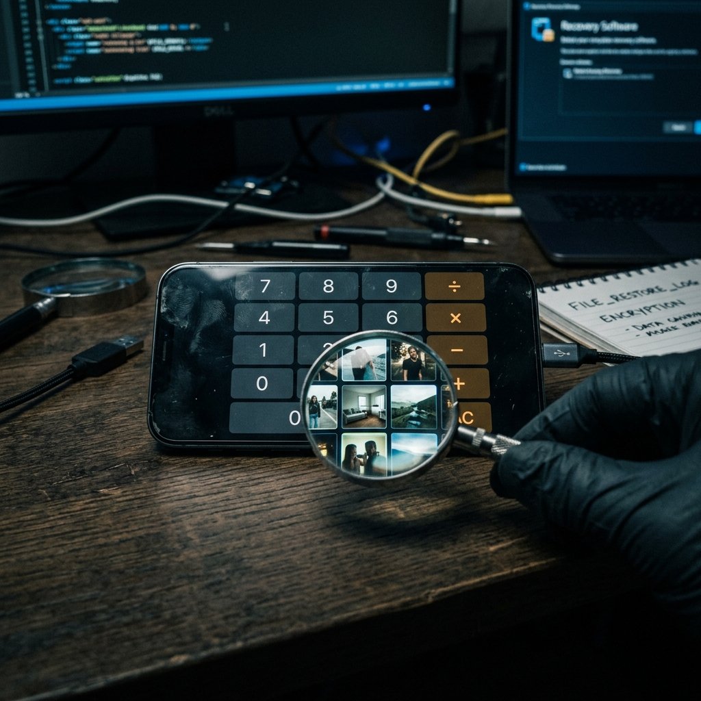 A modern smartphone on a dark desk displaying what does a fake calculator app look like.