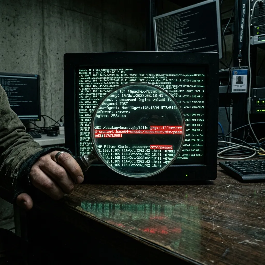 Forensic analysis of server logs showing a PHP Filter Chain exploit.