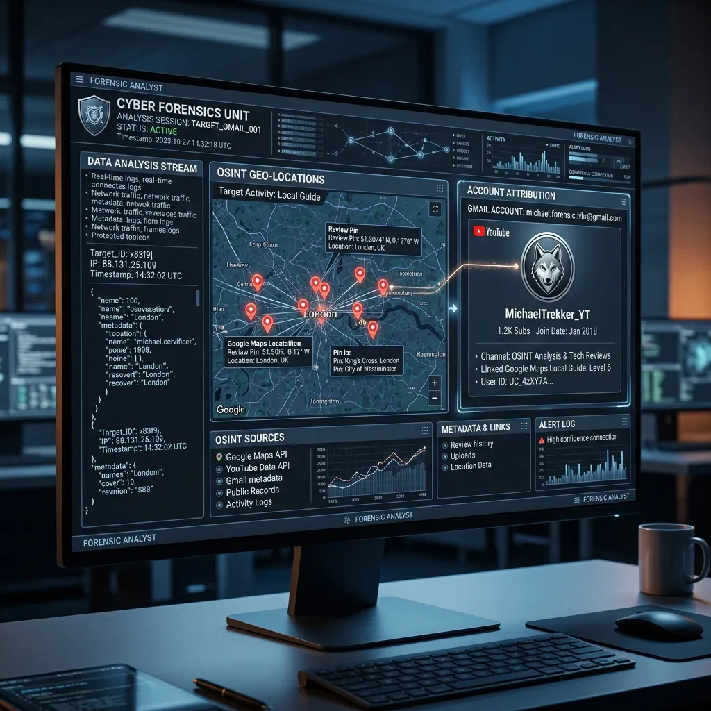 how to find the owner of a scam gmail account illustrated by a forensic attribution dashboard.