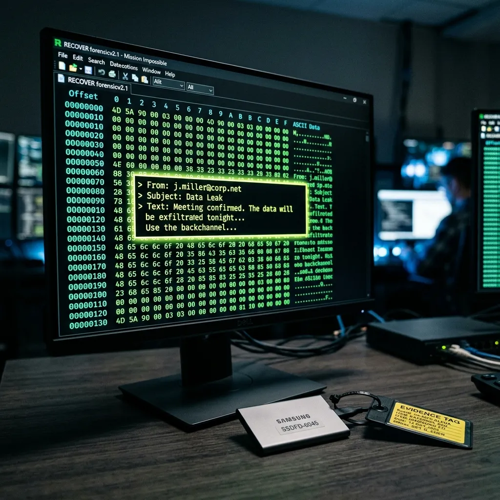 Forensic analyst examining raw hex code to recover fragmented email data from unallocated disk space.