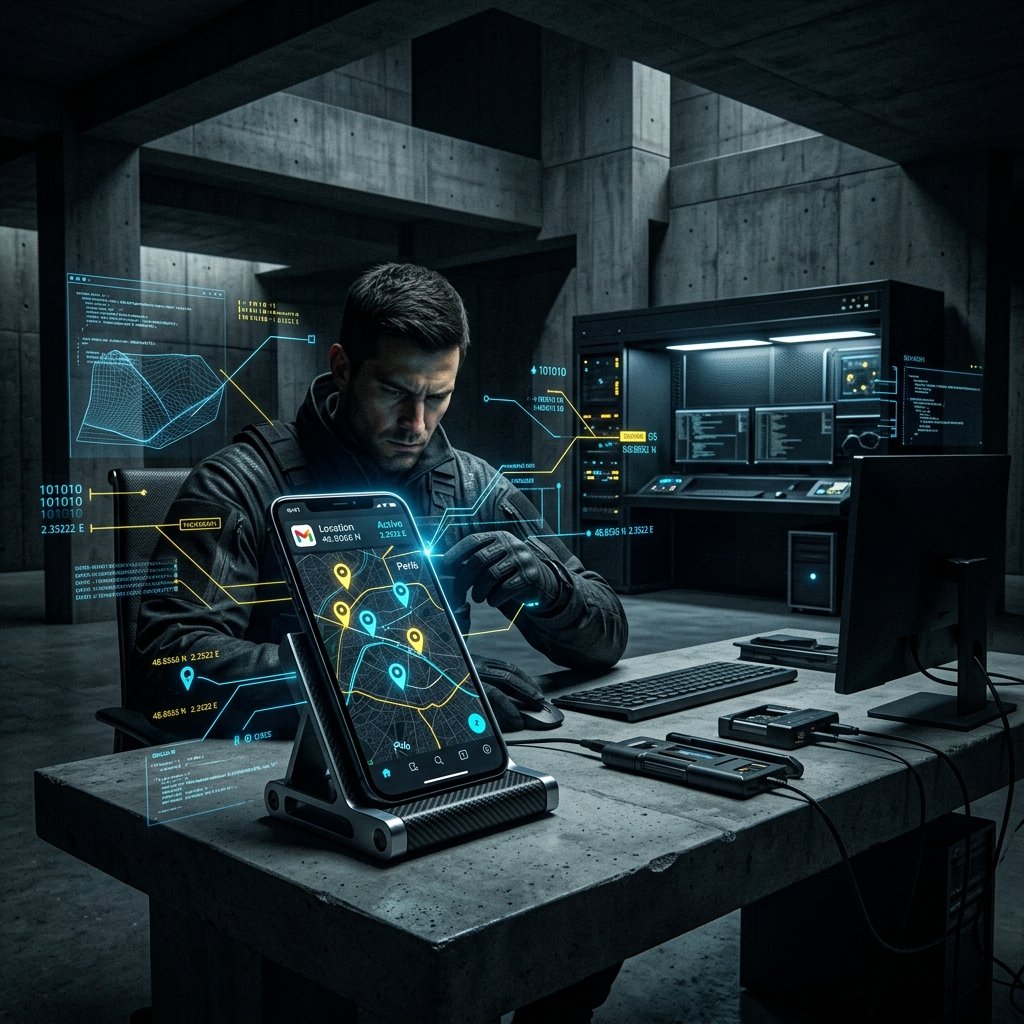 Stunning cinematic illustration showing a glowing smartphone with GPS map data and Gmail iconography in a dark forensic environment.