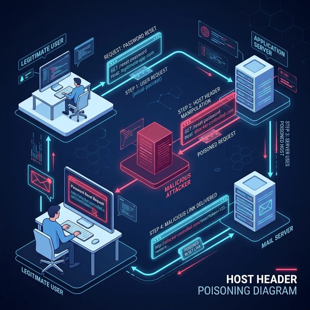 Technical diagram showing how an attacker injects a malicious host header into a password reset request.