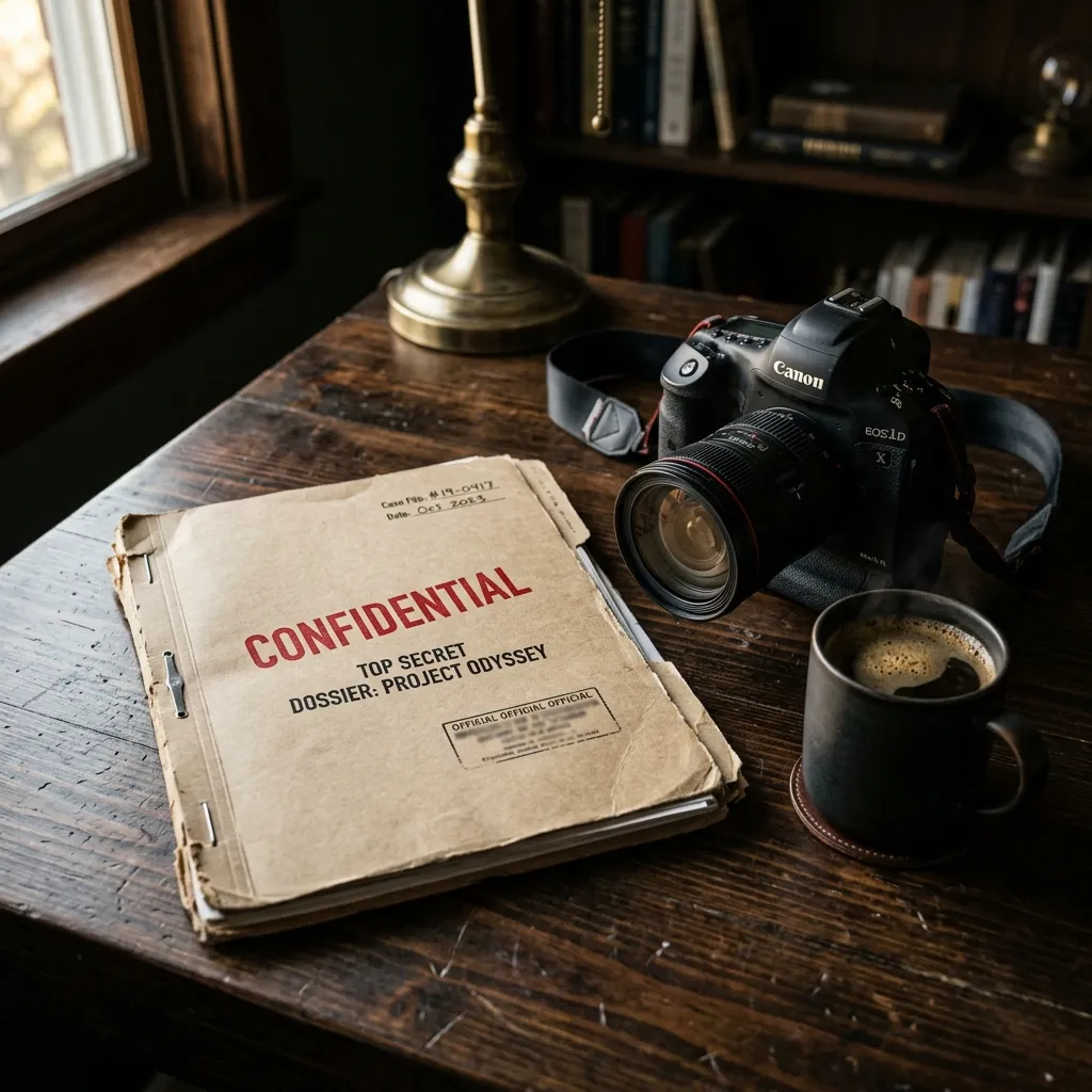 A confidential dossier manila folder lying on a dark wooden desk next to a professional DSLR camera, representing evidence gathered by an infidelity investigation service