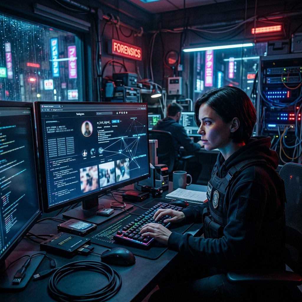 how to find out who is behind a fake instagram harassment account illustrated by a forensic investigative dashboard.