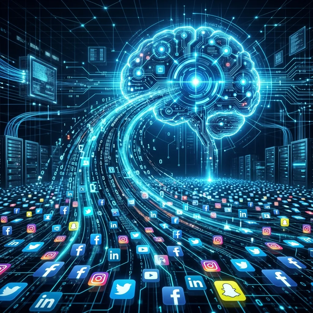 A digital network of social media data being scraped into a central AI processing core.