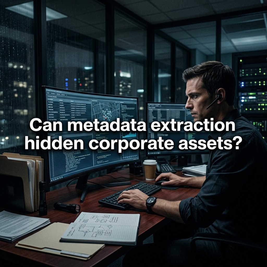Corporate noir visualization of digital document forensics and metadata extraction.