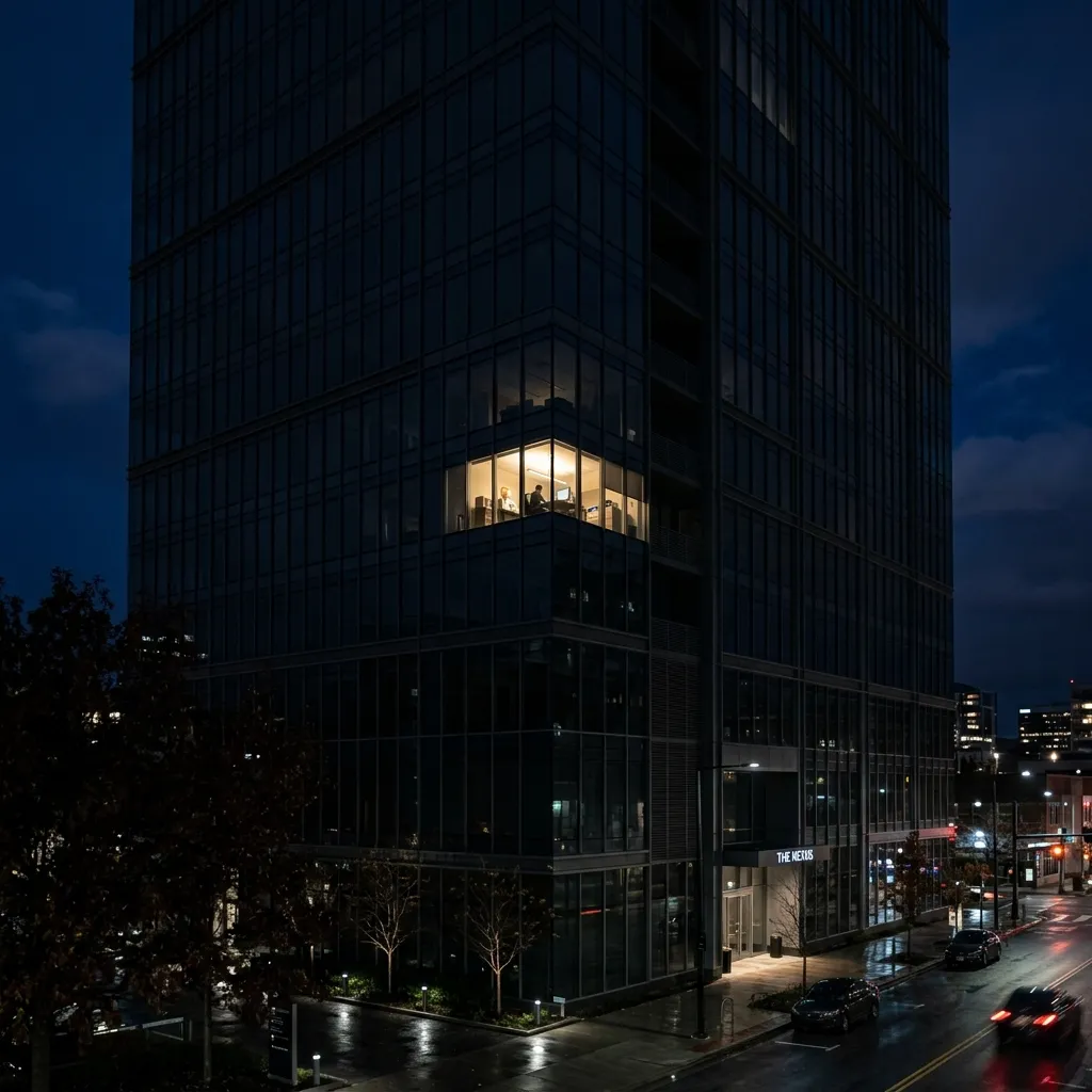 A husband staying late at work suddenly represented by a single lit window in a dark office building.