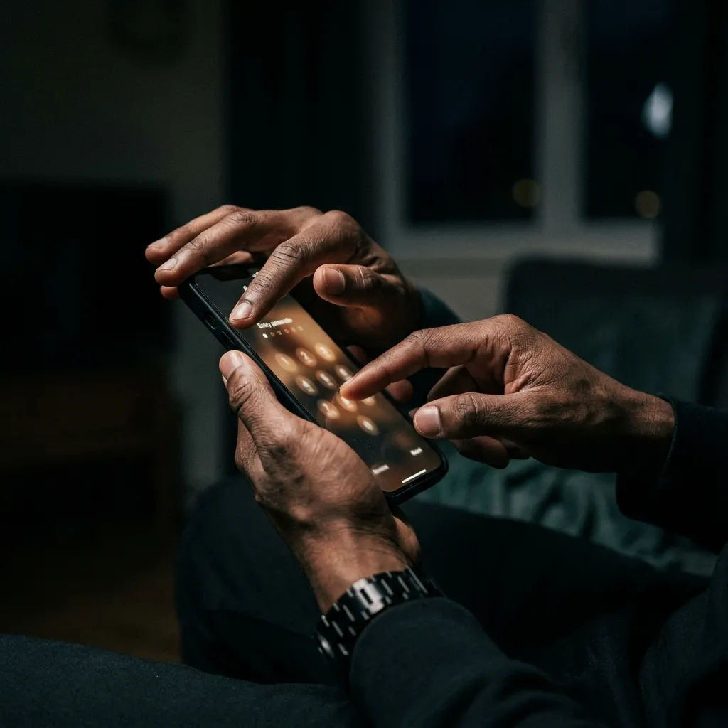 husband takes his phone to the bathroom suddenly and shields his passcode from view