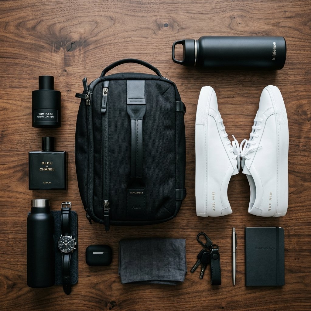 A spouse suddenly going to the gym and wearing new cologne represented by high end grooming items and a gym bag.