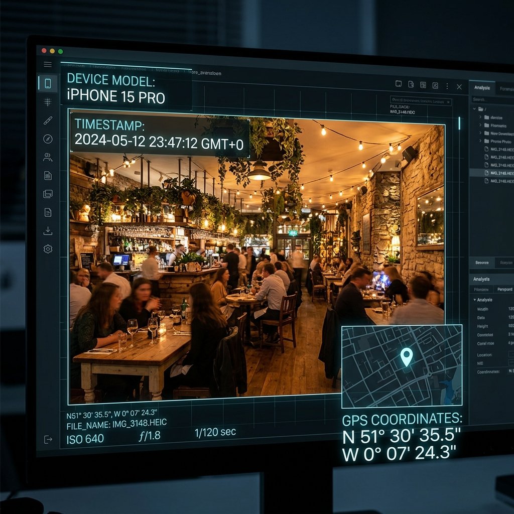 A restaurant photo with a forensic metadata overlay showing GPS and timestamps.