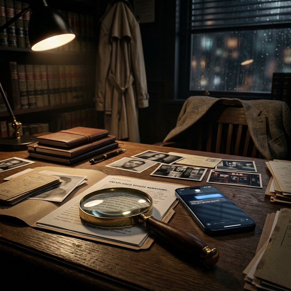 unexplained spouse behaviors guide represented by professional investigation tools and documents.