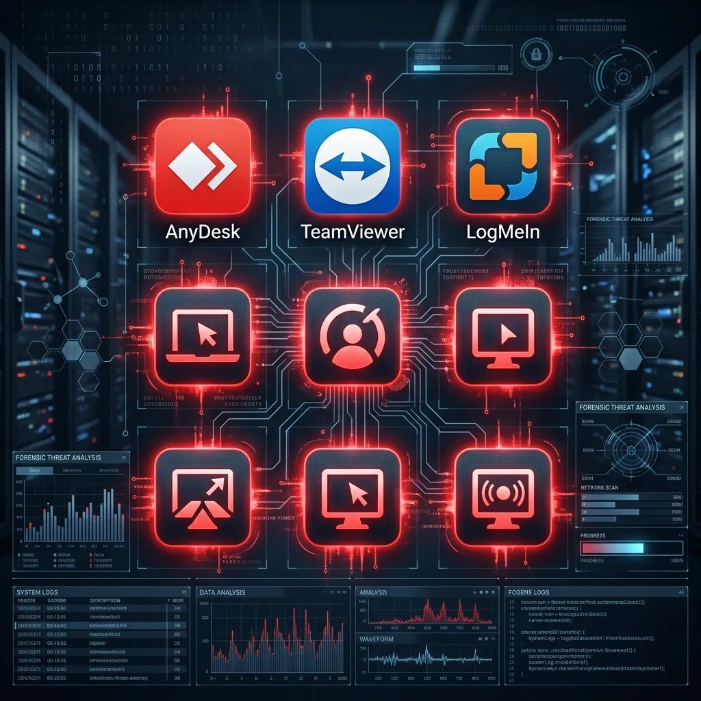 Icons of AmyDesk and TeamViewer with a red warning glow.