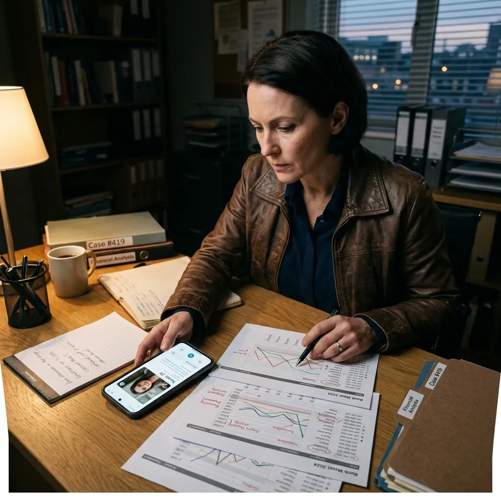 A smartphone displaying a dating app profile placed next to printed transaction charts on an investigator's desk