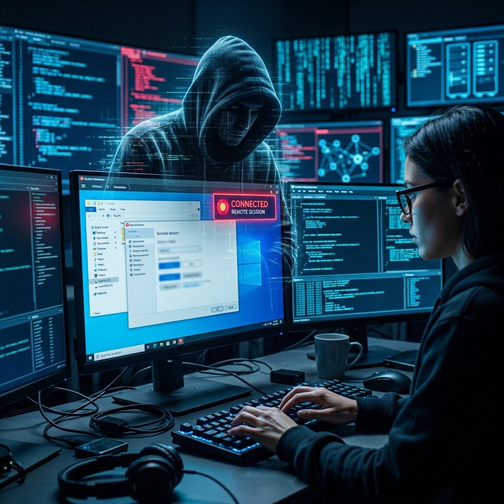 A shadowy hacker silhouette superimposed over a computer screen showing a remote desktop connection.