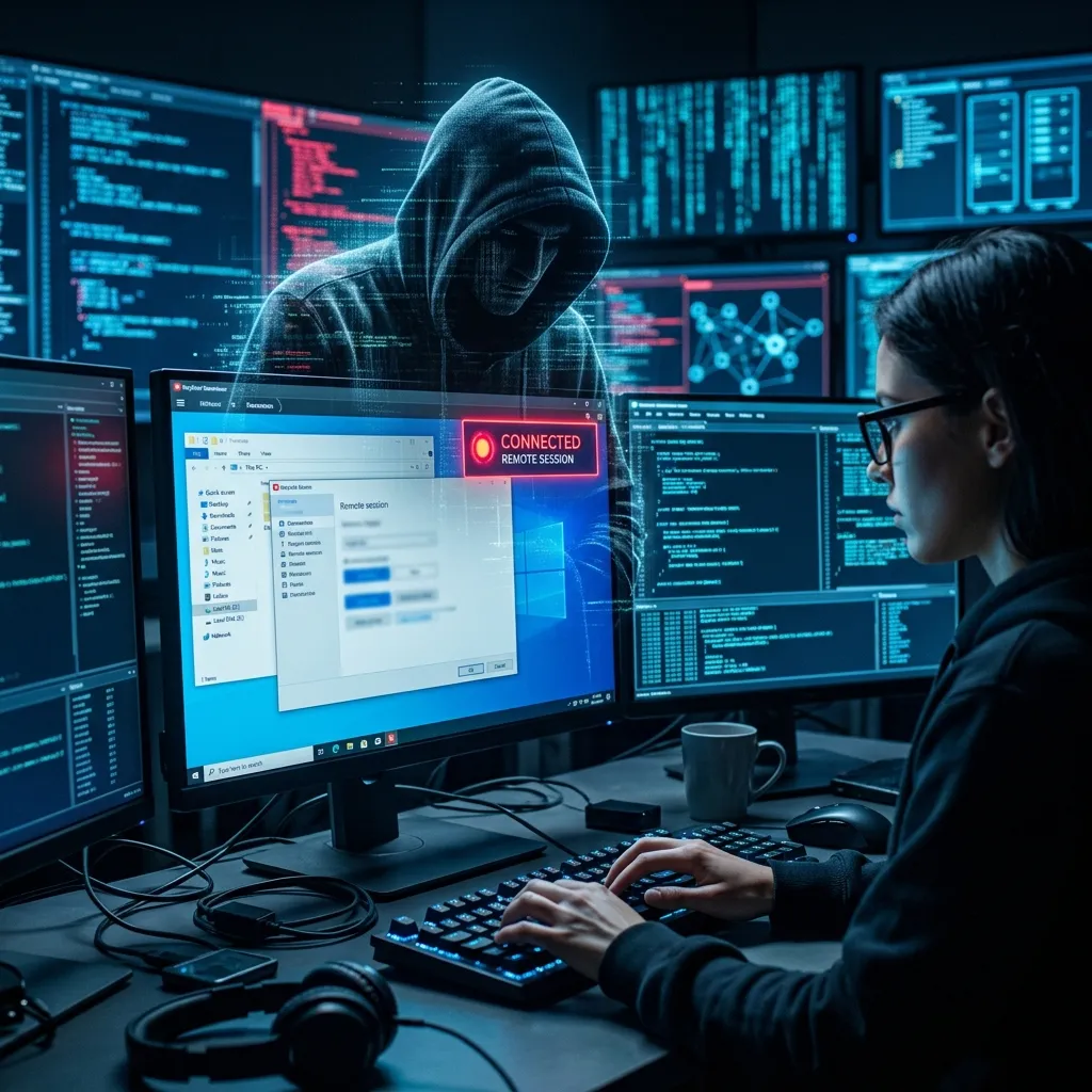 A shadowy hacker silhouette superimposed over a computer screen showing a remote desktop connection.