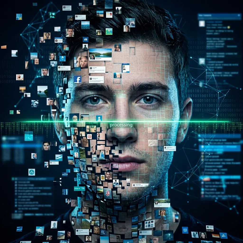 A human face being digitally reconstructed from social media data fragments.