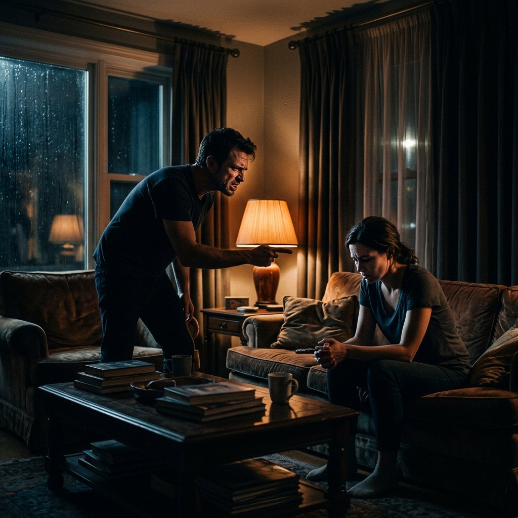 a cheating spouse accuses me of cheating during a high tension debate in a moody living room