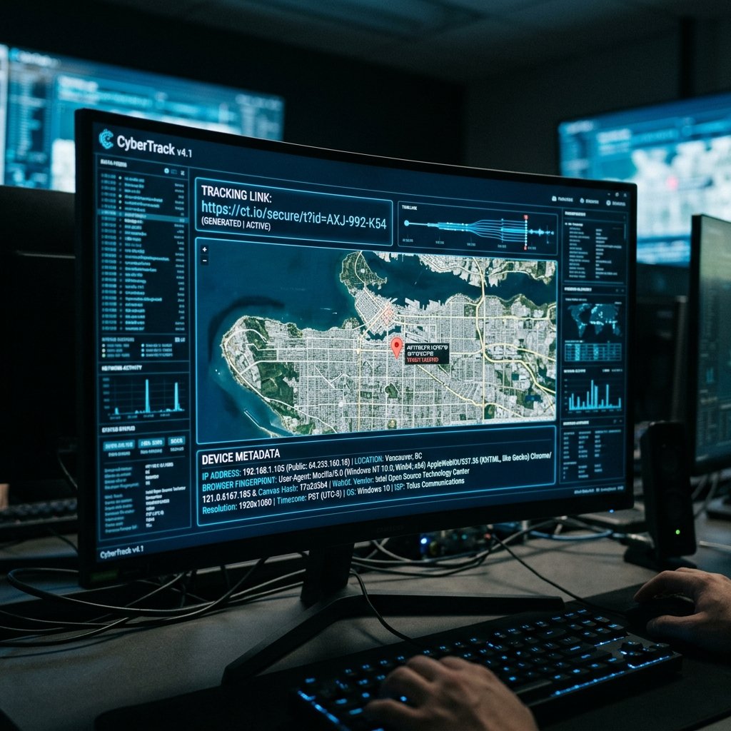 how to send a tracking link to find scammer ip address illustrated by a digital tracking interface.