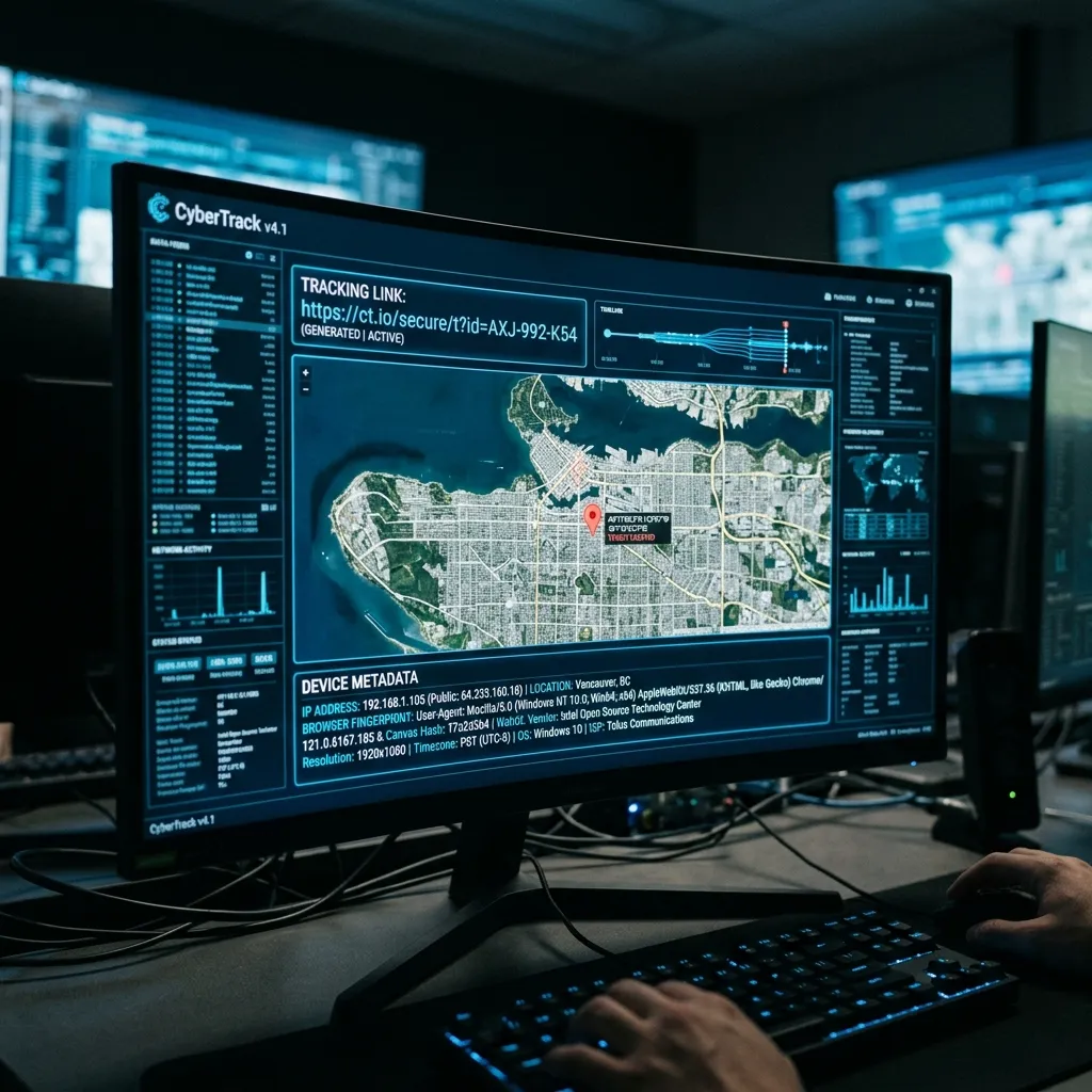 how to send a tracking link to find scammer ip address illustrated by a digital tracking interface.