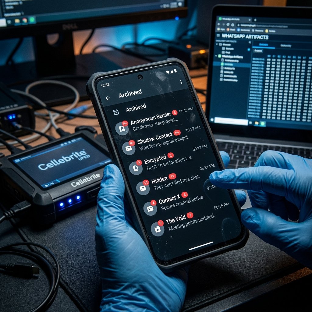 signs of cheating using whatsapp disappearing messages feature illustrated by a screen showing hidden and archived WhatsApp conversations.