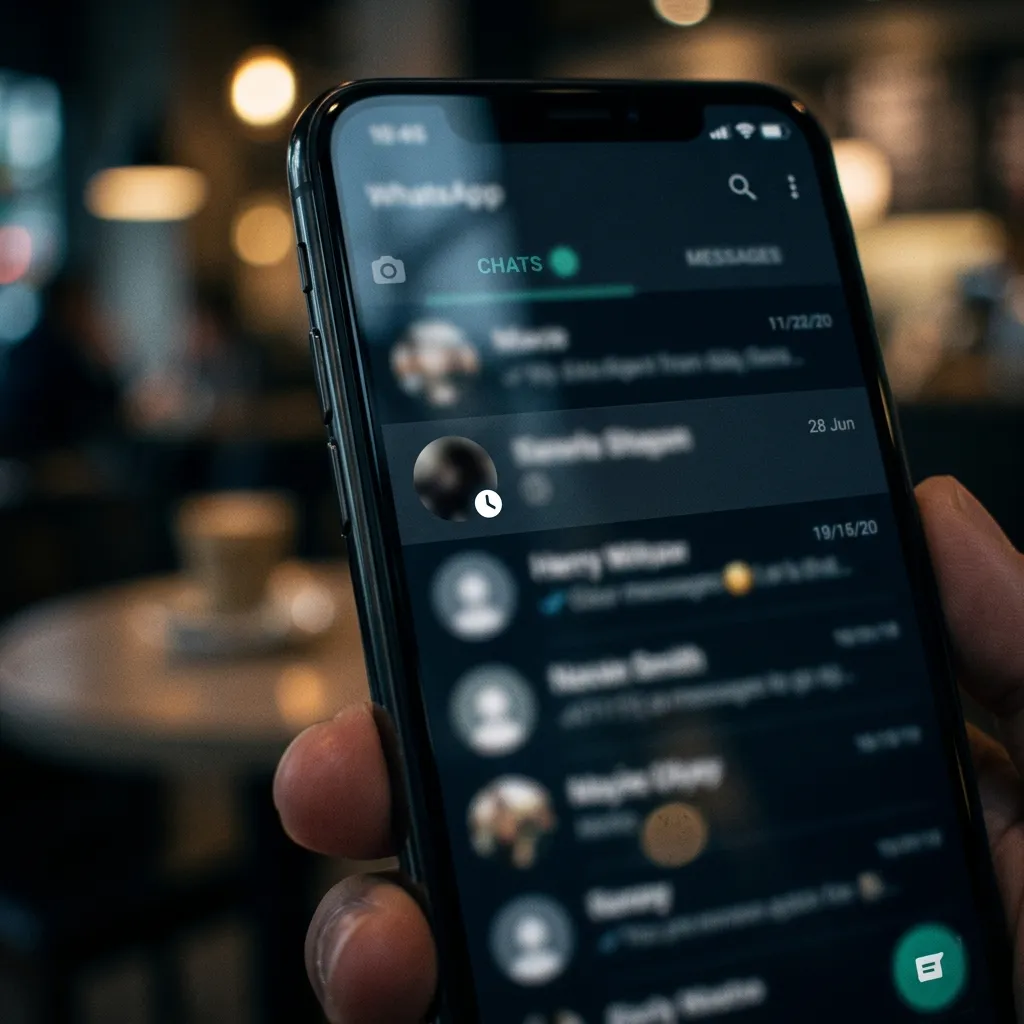 blurred WhatsApp chat list highlighting the small clock icon next to a contact's name