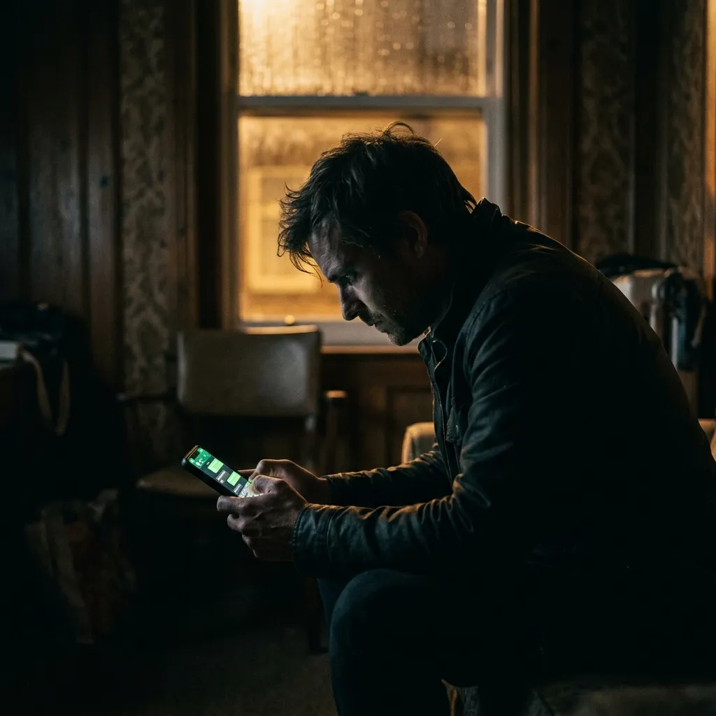 A mysterious silhouette using a smartphone in a dark room representing WhatsApp infidelity.