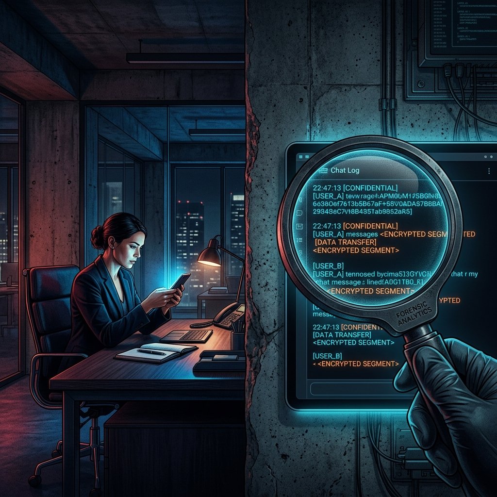 Cinematic neo-brutalist illustration showing a woman focused on a glowing smartphone in an office setting, juxtaposed with forensic analysis.