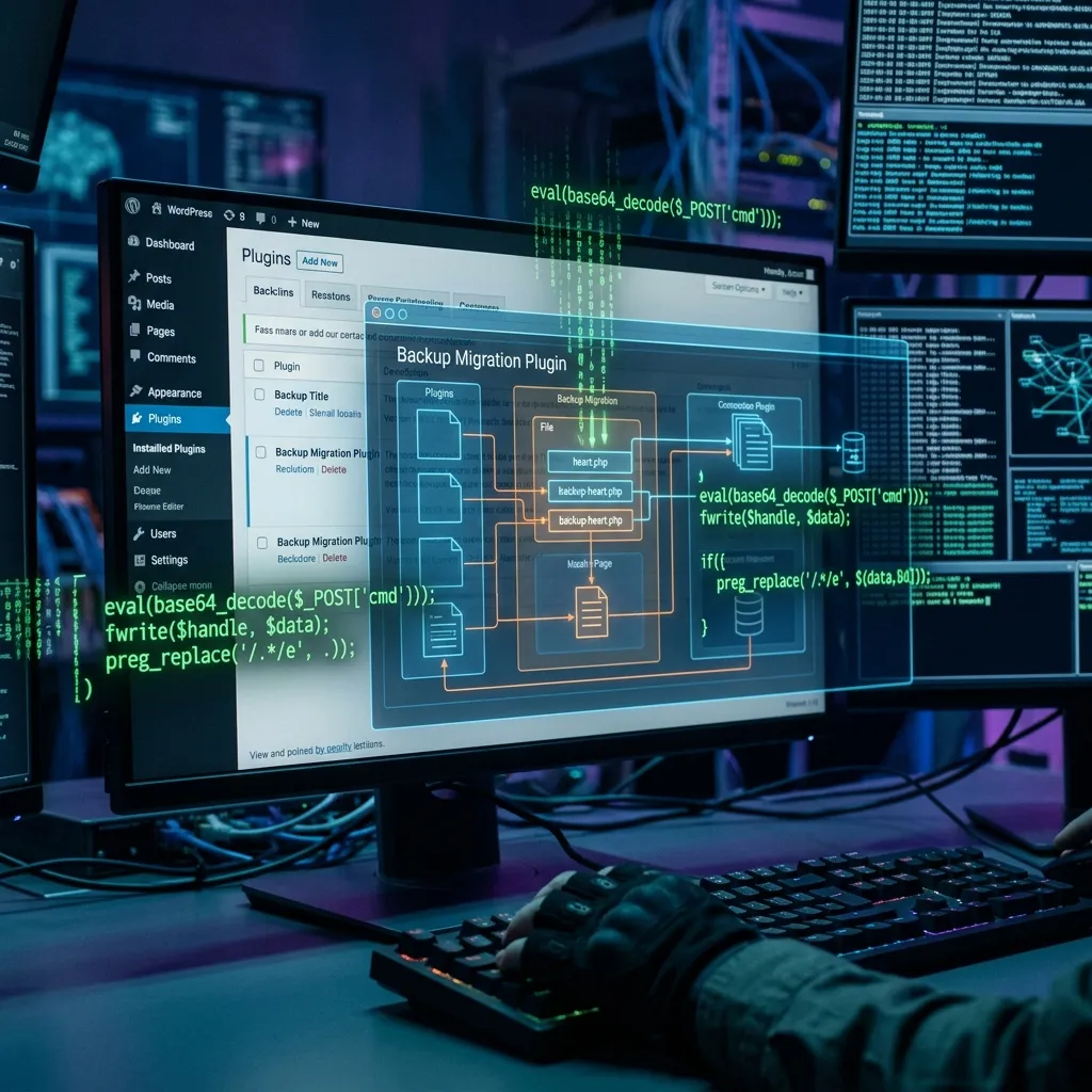 Digital forensic schematic of a WordPress backup plugin being exploited by malicious code.